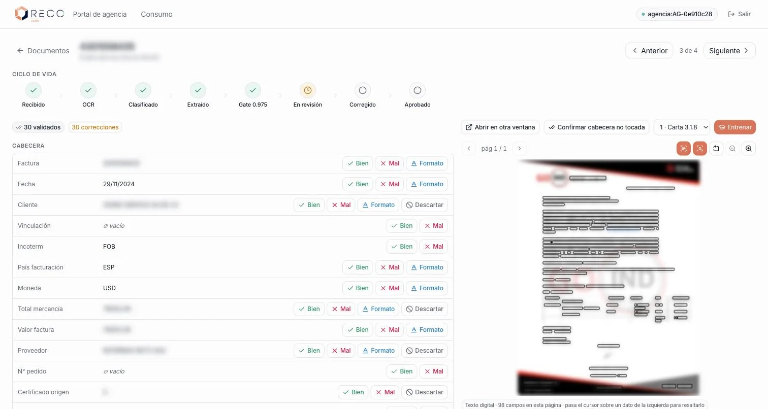 RECO's training portal: hovering a field brings the document up to that value
