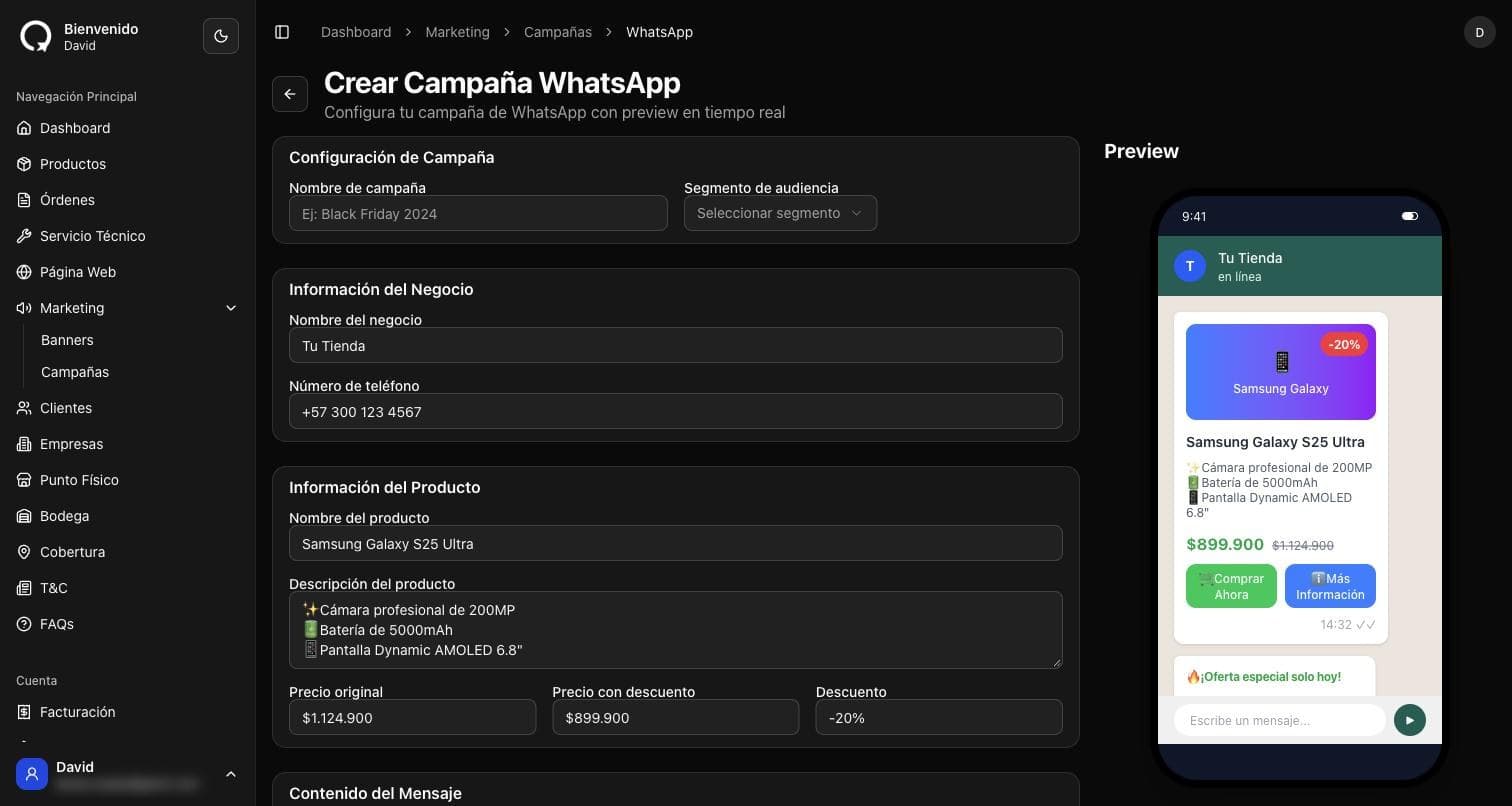 WhatsApp campaign builder in the Imagiq admin panel